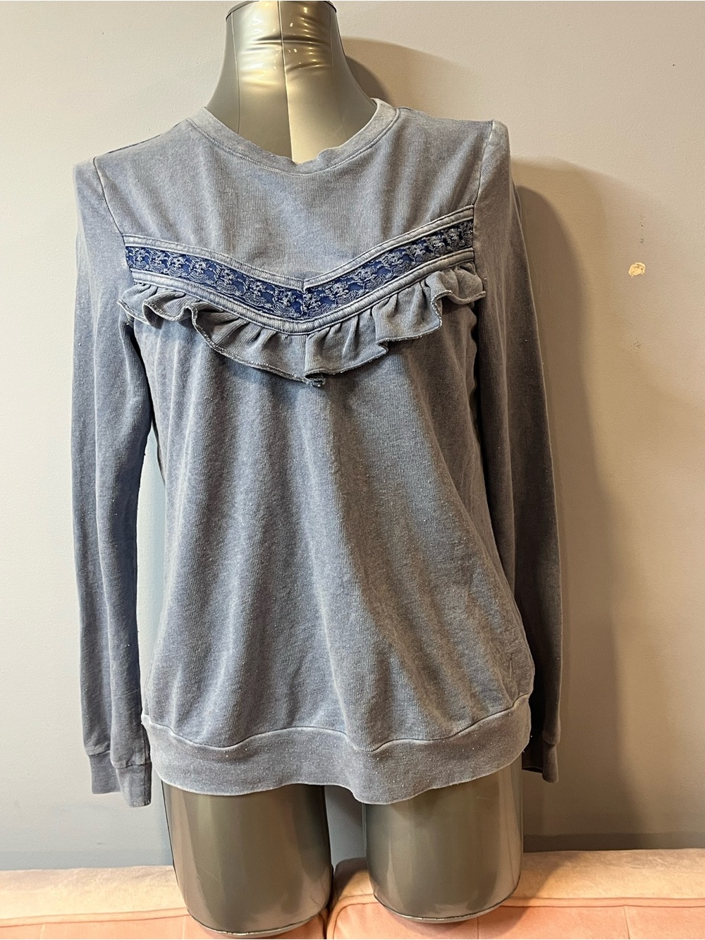 True Craft Dusty Blue Ruffle-Trim Sweatshirt